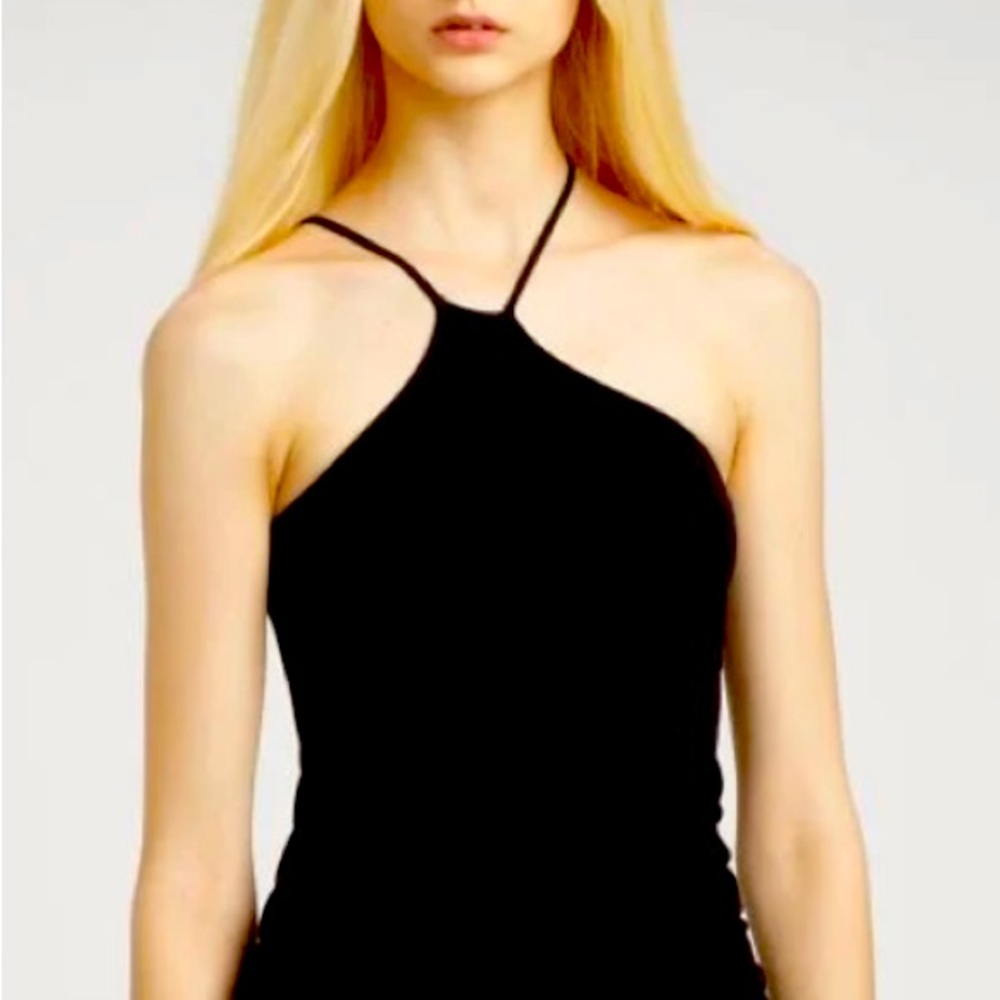 Helmut Lang black asymmetrical one shoulder jersey tank top. Size L